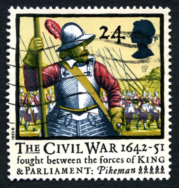 A used postage stamp from the UK, commemorating the 350th anniversary of English civil war, circa 1992.