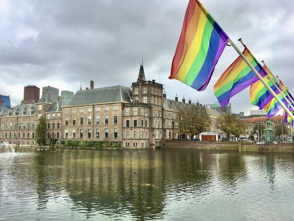 Coming-Out Day 2020 in The Hague. Rainbow flags at the Hofvijver lake next to the Binnenhof buildings of the national parliament of the Netherlands.