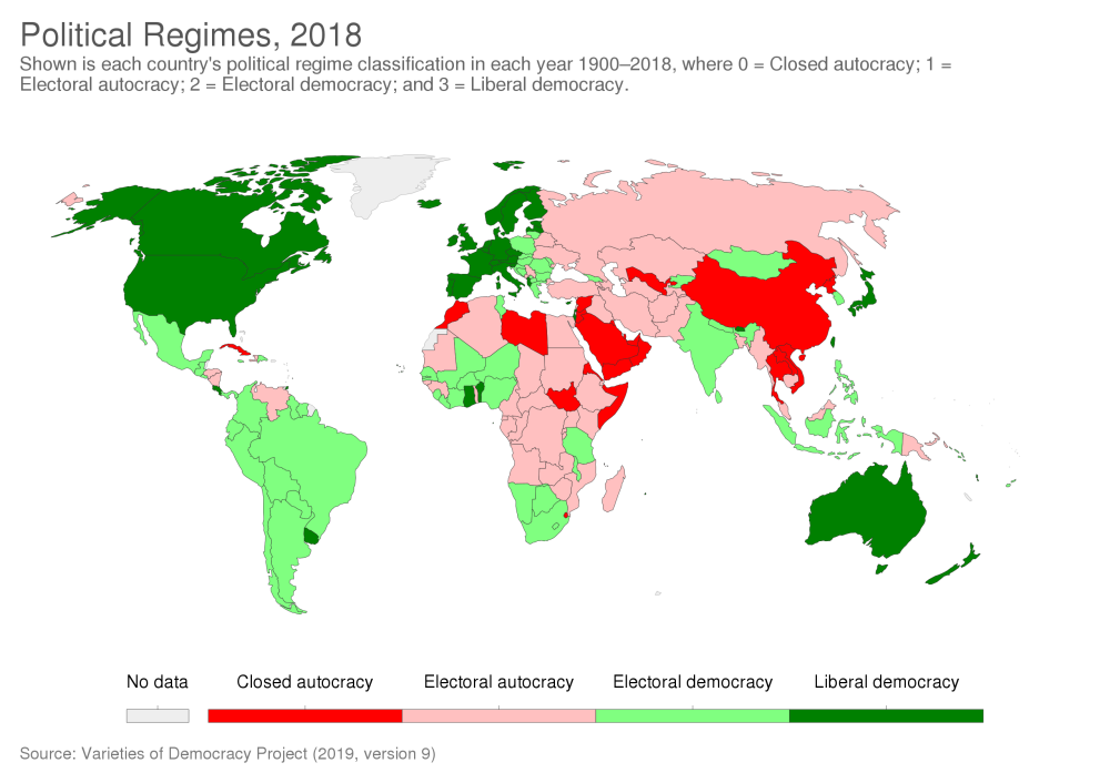 Shown is each country's political regime classification in each year 1900–2018, where 0 = Closed autocracy; 1 = Electoral autocracy; 2 = Electoral democracy; and 3 = Liberal democracy.