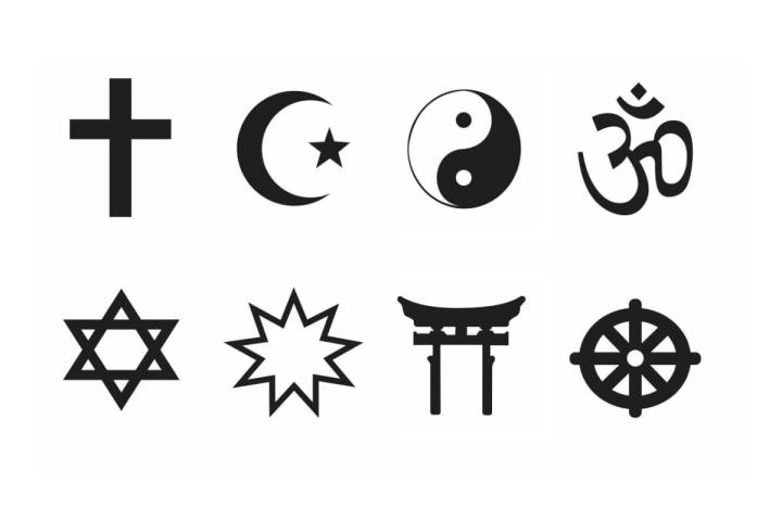 Symbols representing some of the religions in the world: Christianity, Islam, Daoism, Hinduism, Judaism, Baha'i, Shintoism, Buddhism