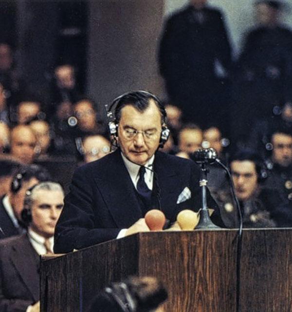 Chief American prosecutor Robert H. Jackson addresses the Nuremberg court
