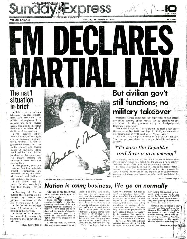 September 24 1972 issue of the Philippines Daily Express, where Ferdinand Marcos imposed martial law