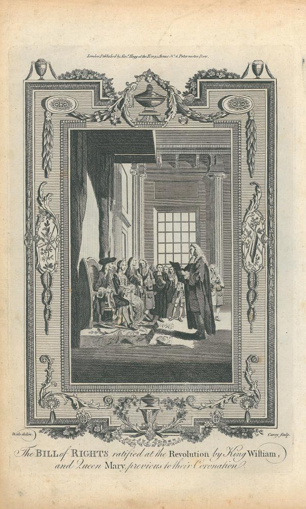 An engraving by Samuel Wale showing the English Bill of Rights being presented to William III and Mary II following the Glorious Revolution that installed them in power on condition of such a Bill and affirmation of constitutional parliamentary rule.