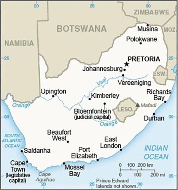 A map of South Africa, highlighting major city locations and geographical features within the country. The administrative capital, Pretoria, is designated with a star in the northeast part of the country. 