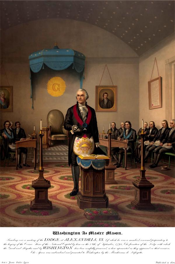 US President George Washington in waistcoat with a master mason's regalia presiding over a meeting of the Lodge of the Alexandria, Virginia Masonic Lodge.